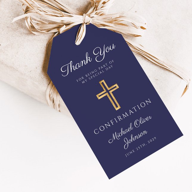 Navy Blue Religious Cross Boy Confirmation Presentetikett (Navy Blue Religious Cross Boy Confirmation Gift Tags)