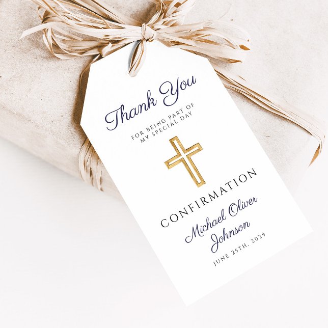 Navy Blue Religious Cross Boy Confirmation Presentetikett (Navy Blue Religious Cross Boy Confirmation Gift Tags)
