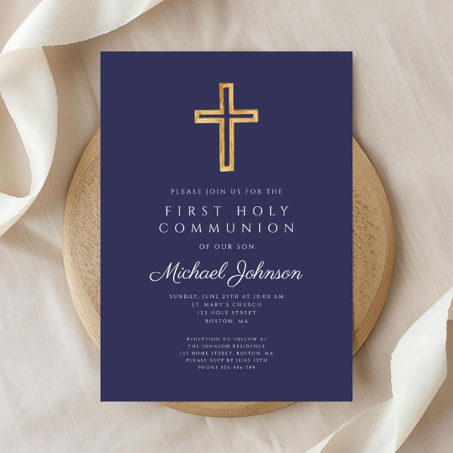 Navy Blue Religious Cross Boy First Communion Inbjudningar (Navy Blue Religious Cross Boy First Communion Invitation)