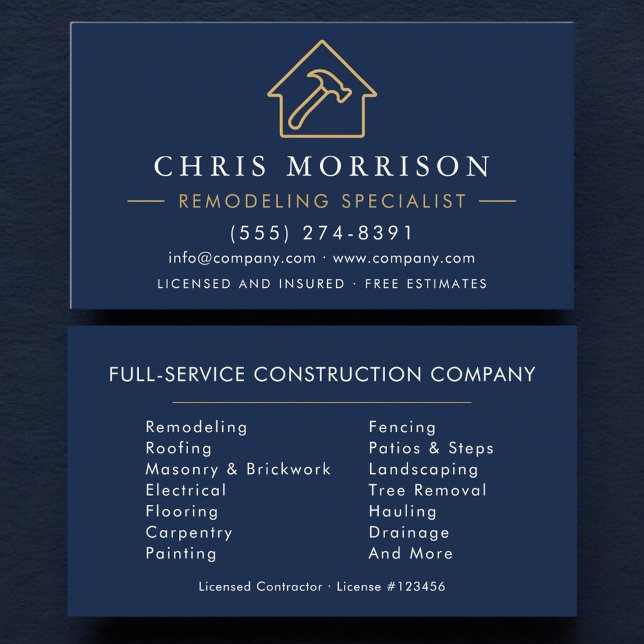 Navy Blue Remodeling Specialist Construction Visitkort (Skapare uppladdad)