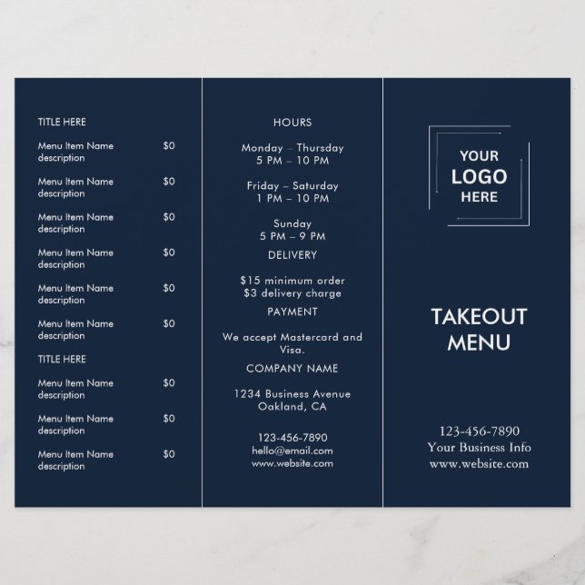 Navy Blue Restaurang Logotyp Takeout Meny Design (Framsida)