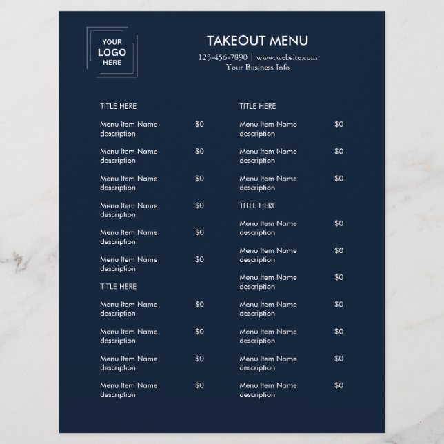 Navy Blue Restaurang Logotyp Takeout Meny Flyer  (Framsidan)