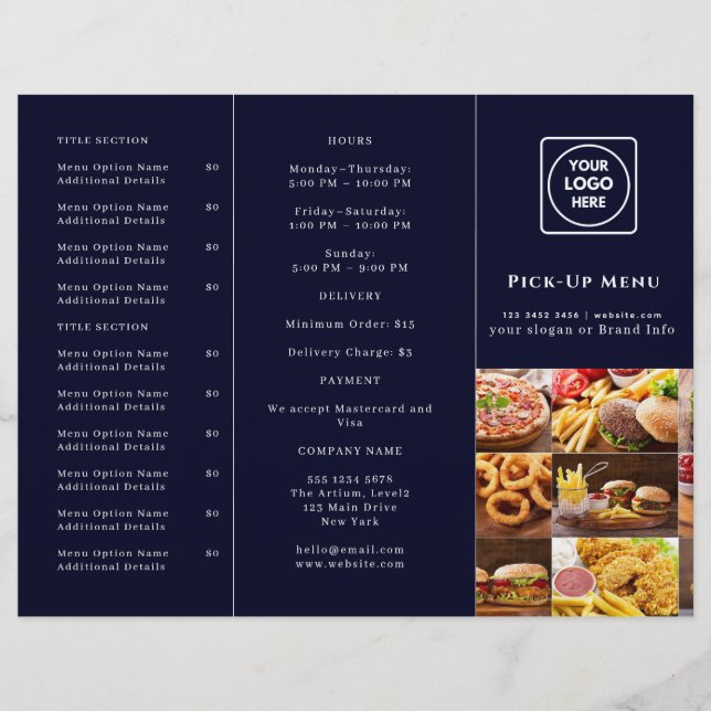 Navy Blue Restaurangdesign | Anpassad Takeout-varu (Framsida)