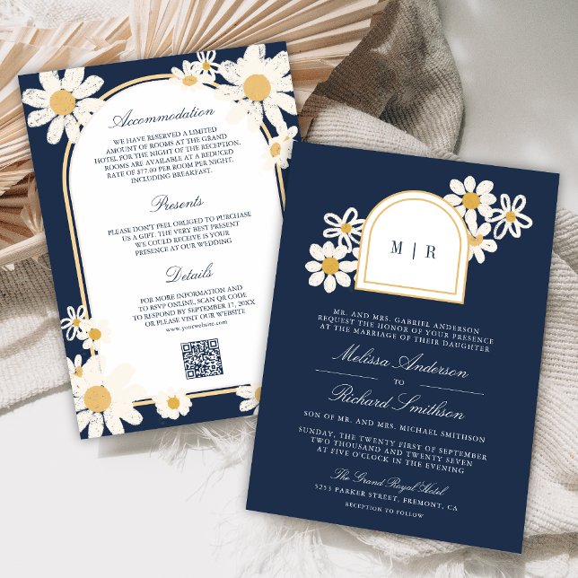 Navy Blue Retro Yellow Daisy All in One Wedding Inbjudningar (Skapare uppladdad)