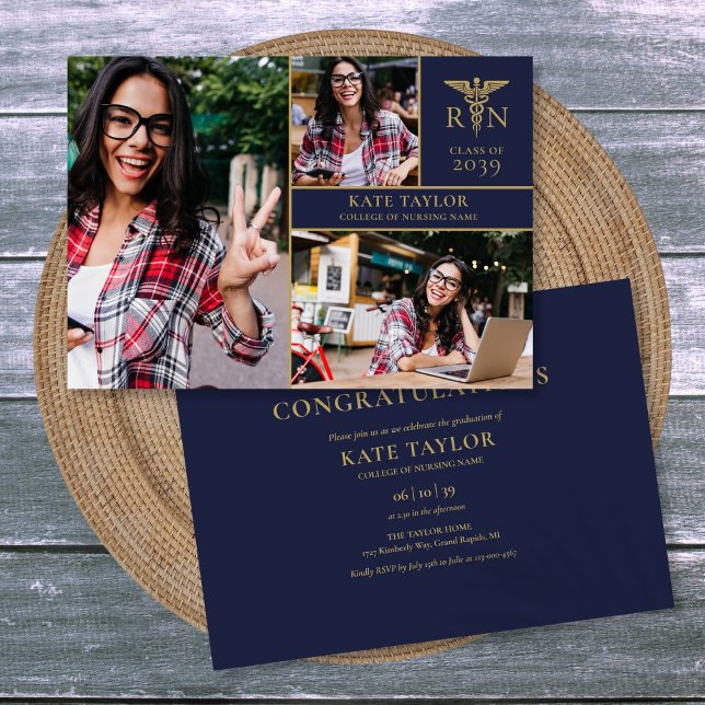 Navy Blue RN Nursing 3 Photo Studentfest Inbjudningar (Navy Blue RN Nursing 3 Photo Graduation Party Invitation)