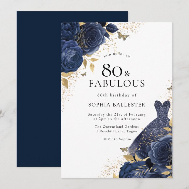 Navy Blue Ro & Dress Guld Womans 80:e födelsedagen Inbjudningar (Fram/baksida)