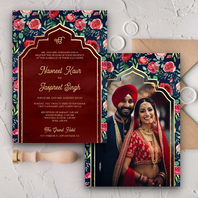 Navy Blue Röda Rosor Foto Anand Karaj Sikh Bröllop Inbjudningar (Skapare uppladdad)