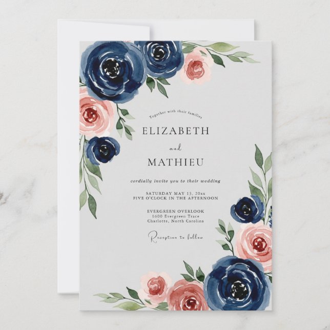 Navy Blue Romantic Peony Wedding Inbjudningar (Framsida)