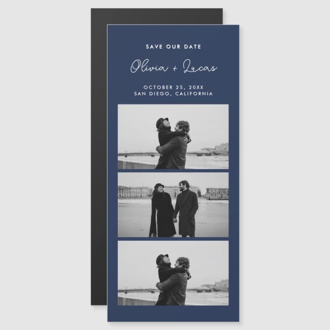 Navy Blue Romantic Photo Strip Magnetic Wedding (Fram/baksida)
