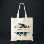 Navy Blue  Rosa Blommigt Rustic Boho Tote bag Tygkasse<br><div class="desc">Mörk,  marin blå blommigt,  Bröllop Tote-påse med elegant av marinblått,  royal blått,  vitt,   ro och sage grönt eucalyptus löv. Kontakta mig om du behöver hjälp med anpassning eller om du behöver någon annan produkt med den här designen.</div>
