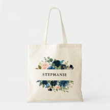 Navy Blue  Rosa Blommigt Rustic Boho Tote bag