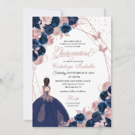 Navy Blue & Rosa Butterfly Princess Quinceanera Inbjudningar
