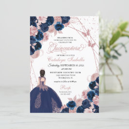 Navy Blue & Rosa Butterfly Princess Quinceanera Inbjudningar
