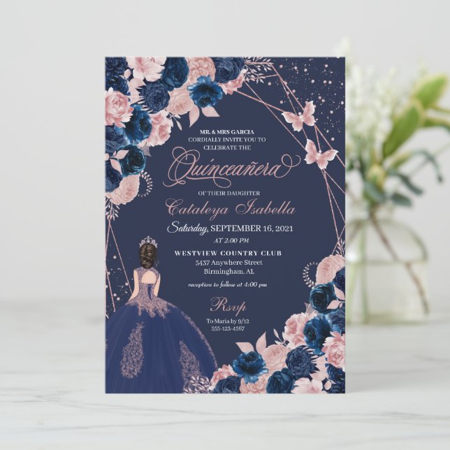 Navy Blue & Rosa Butterfly Princess Quinceanera Inbjudningar (Stående Fram)