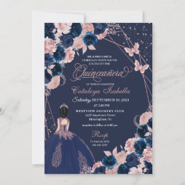 Navy Blue & Rosa Butterfly Princess Quinceanera Inbjudningar