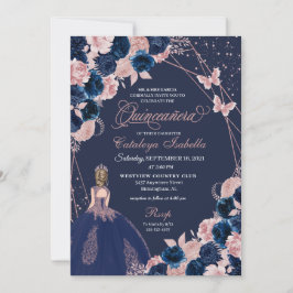 Navy Blue & Rosa Butterfly Princess Quinceanera Inbjudningar