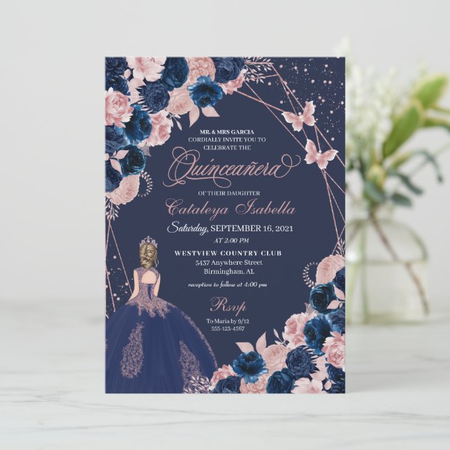 Navy Blue & Rosa Butterfly Princess Quinceanera Inbjudningar (Stående Fram)