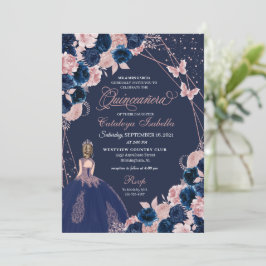 Navy Blue & Rosa Butterfly Princess Quinceanera Inbjudningar