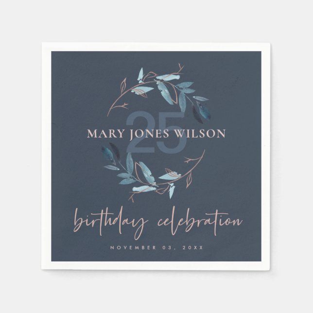 NAVY BLUE ROSA FAUNA WREATH ALLA ÅLDER 25:E BIRTHD PAPPERSSERVETT (Framsidan)