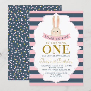 Navy Blue & Rosa Guld lite Bunny Första födelsedag Inbjudningar