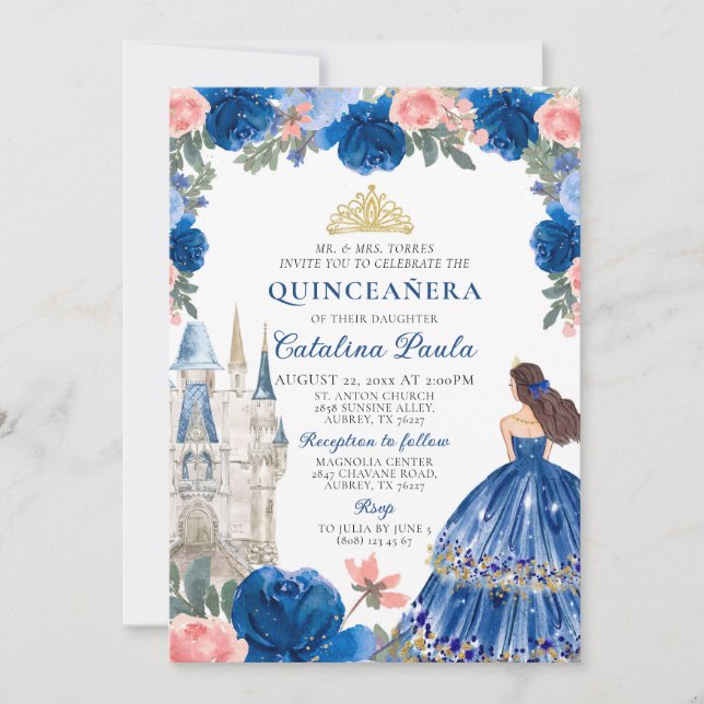 Navy Blue Rosa Guld Tiara Princess Quinceañera Inbjudningar (Framsida)