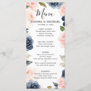 Navy Blue Rosa ros Boho Bröllop Menu Meny