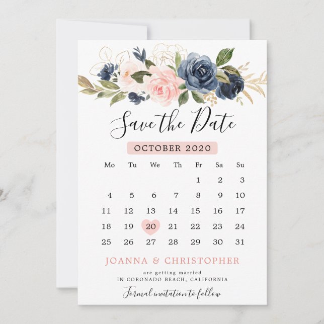 Navy Blue  Rosa ros Boho Calendar Spara Datumet (Framsida)