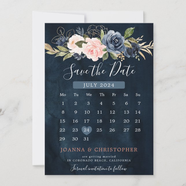 Navy Blue  Rosa ros Boho Calendar Spara Datumet (Framsida)