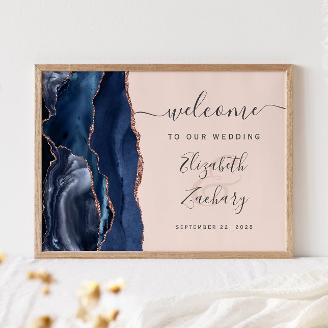 Navy Blue Rose Gold Agate Blush Wedding Welcome Poster (Skapare uppladdad)