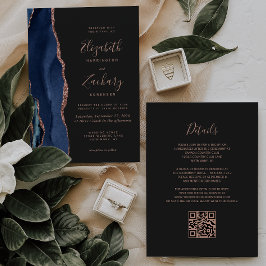 Navy Blue Rose Gold Agate Mörk QR-kod Bröllop Inbjudningar