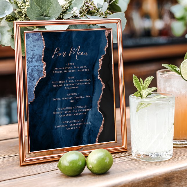 Navy Blue Rose Gold Agate Script Wedding Bar Menu  Poster (Skapare uppladdad)
