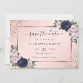Navy Blue Rose Gold Blush Floral Wedding Spara Datumet