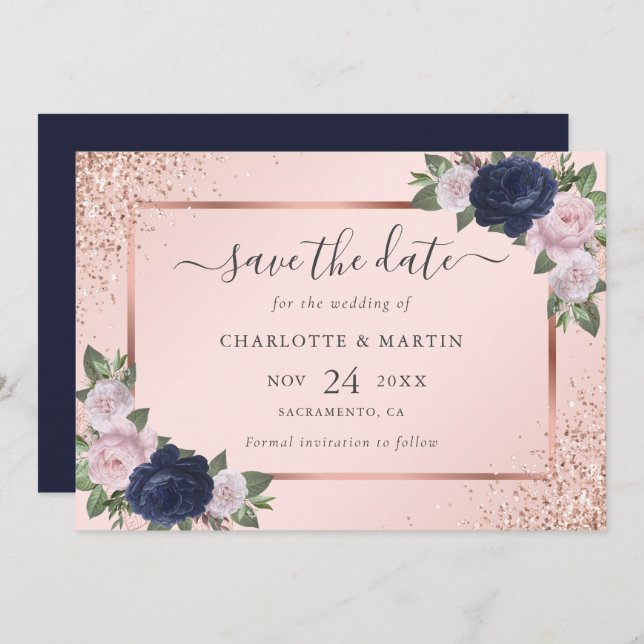 Navy Blue Rose Gold Blush Floral Wedding Spara Datumet (Fram/baksida)