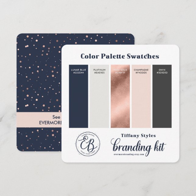 Navy Blue & Rose Gold Färgpalett Färgkort Inbjudningar (Fram/baksida)