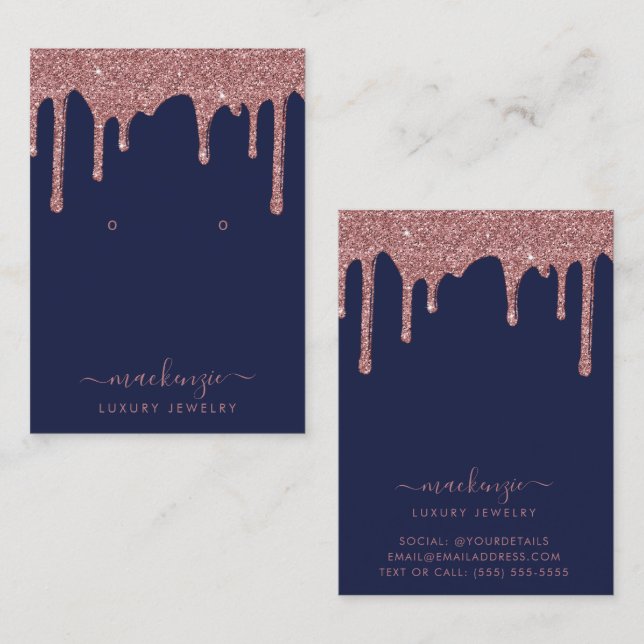 Navy Blue Rose Gold Glitter Drips Smyckedisplay Visitkort (Fram/baksida)
