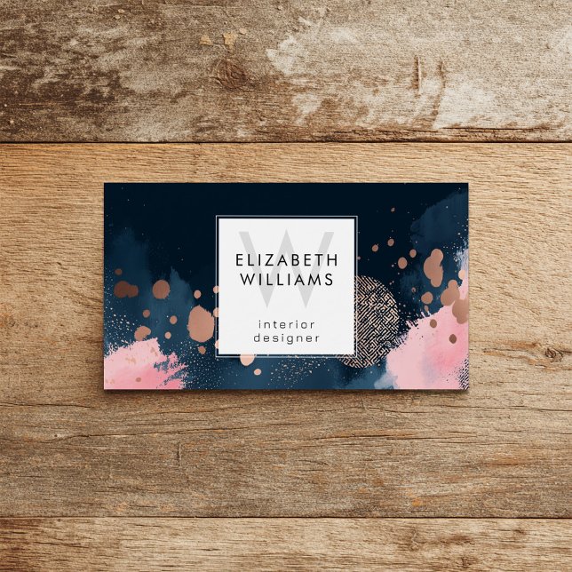 Navy Blue Rose Gold Monogram Business Card Visitkort (Skapare uppladdad)