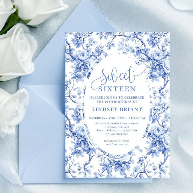Navy Blue Roses Digital Floral Sweet Sixteen Inbjudningar (Navy Blue Roses Digital Floral Sweet Sixteen)