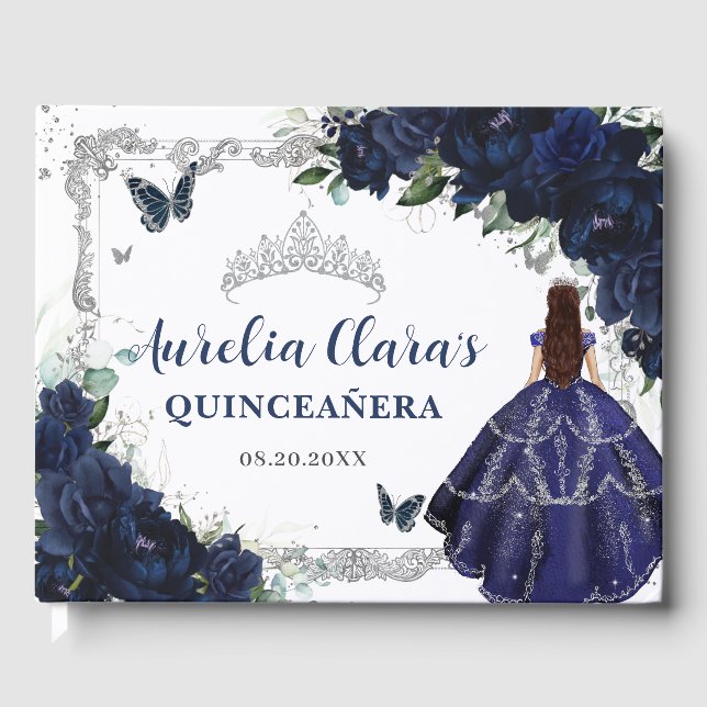 Navy Blue Roses Floral Princess Quinceañera 15 16 Gästböcker (Framsida)