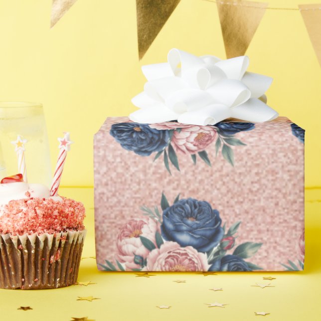 Navy Blue Rosor och Ro Guld Peony Bröllop Presentpapper (Födelsedagsfest)