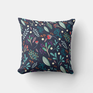 Navy Blue Rustic Floral Folk Art Pattern Pillow Kudde