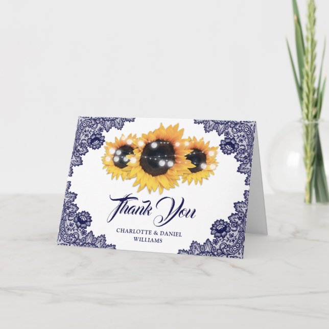 Navy Blue Rustic Floral Lace Sunflower Wedding Tack Kort (Framsida)