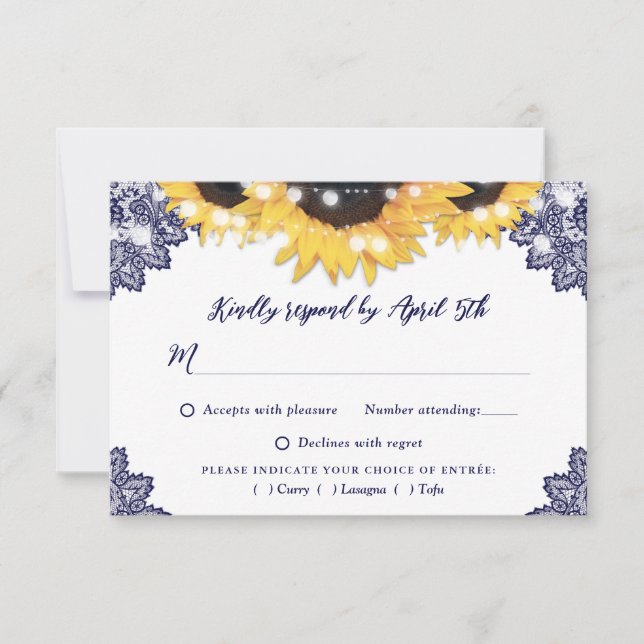 Navy Blue Rustic Lace Sunflower Wedding OSA Kort (Framsida)