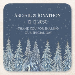 Navy Blue Rustic Winter Forest Wedding Underlägg Papper Kvadrat