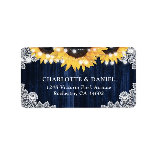 Navy Blue Rustic Wood Lace Sunflower Address Adressetikett (Framsidan)