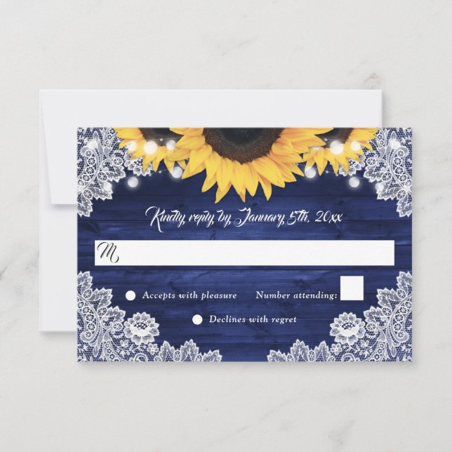 Navy Blue Rustic Wood Lace Sunflower Wedding OSA Kort (Framsida)
