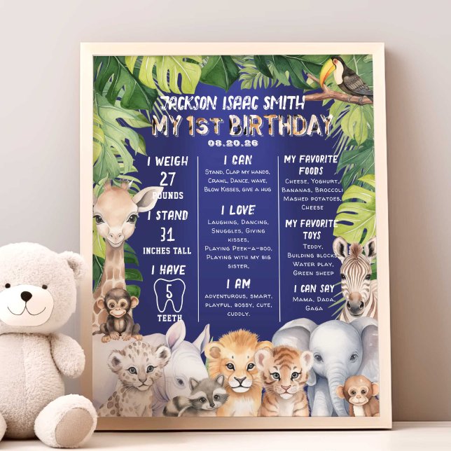 Navy Blue Safari Jungle Animals 1st Milestone Fototryck (Navy Blue, Boy 1st birthday Safari Animals milestone birthday stat poster.)