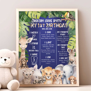 Navy Blue Safari Jungle Animals 1st Milestone Fototryck