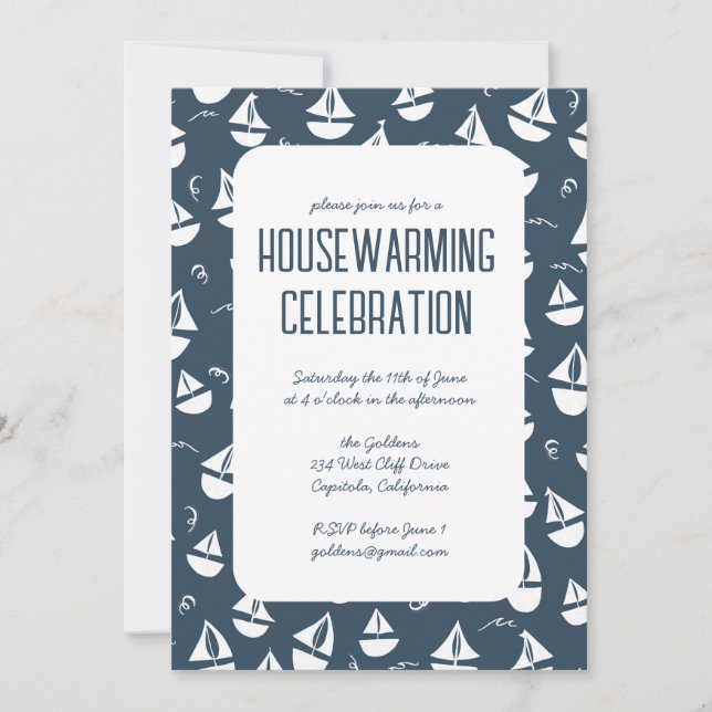 Navy Blue Sailships Cute Beach Houseuppvärmning Pa Inbjudningar (Framsida)