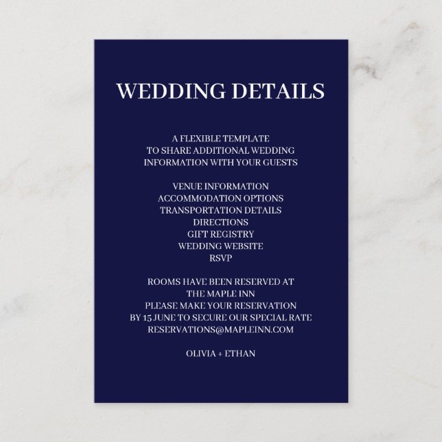 Navy Blue Scandinavian Minimal Wedding Design Tilläggskort (Framsida)