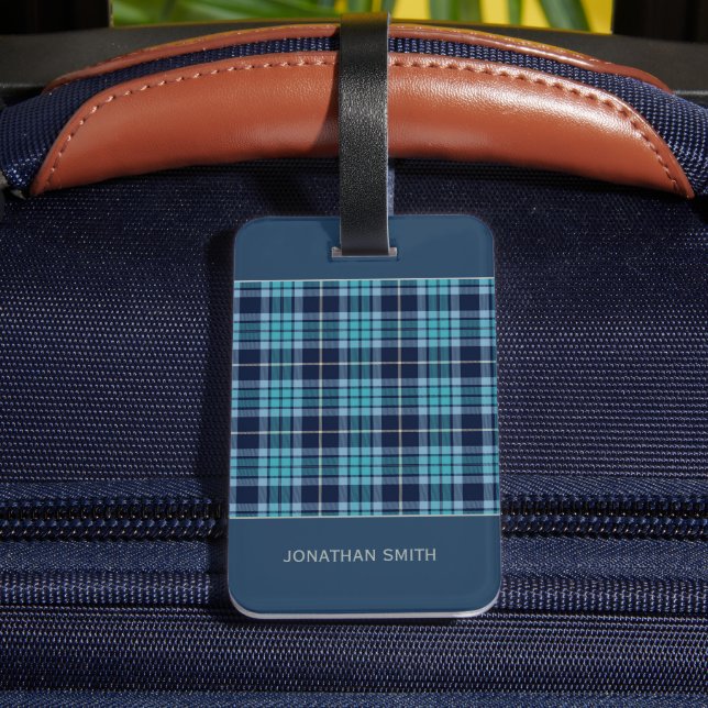 Navy Blue Scottish Tartan Pattern Bagagebricka (Baksida Insitu 4)
